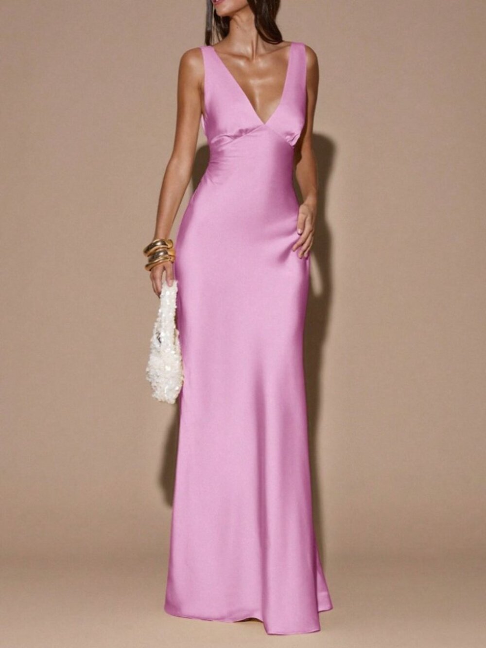Pink Satin Deep V-Neck Maxi Dress - Slim Fit